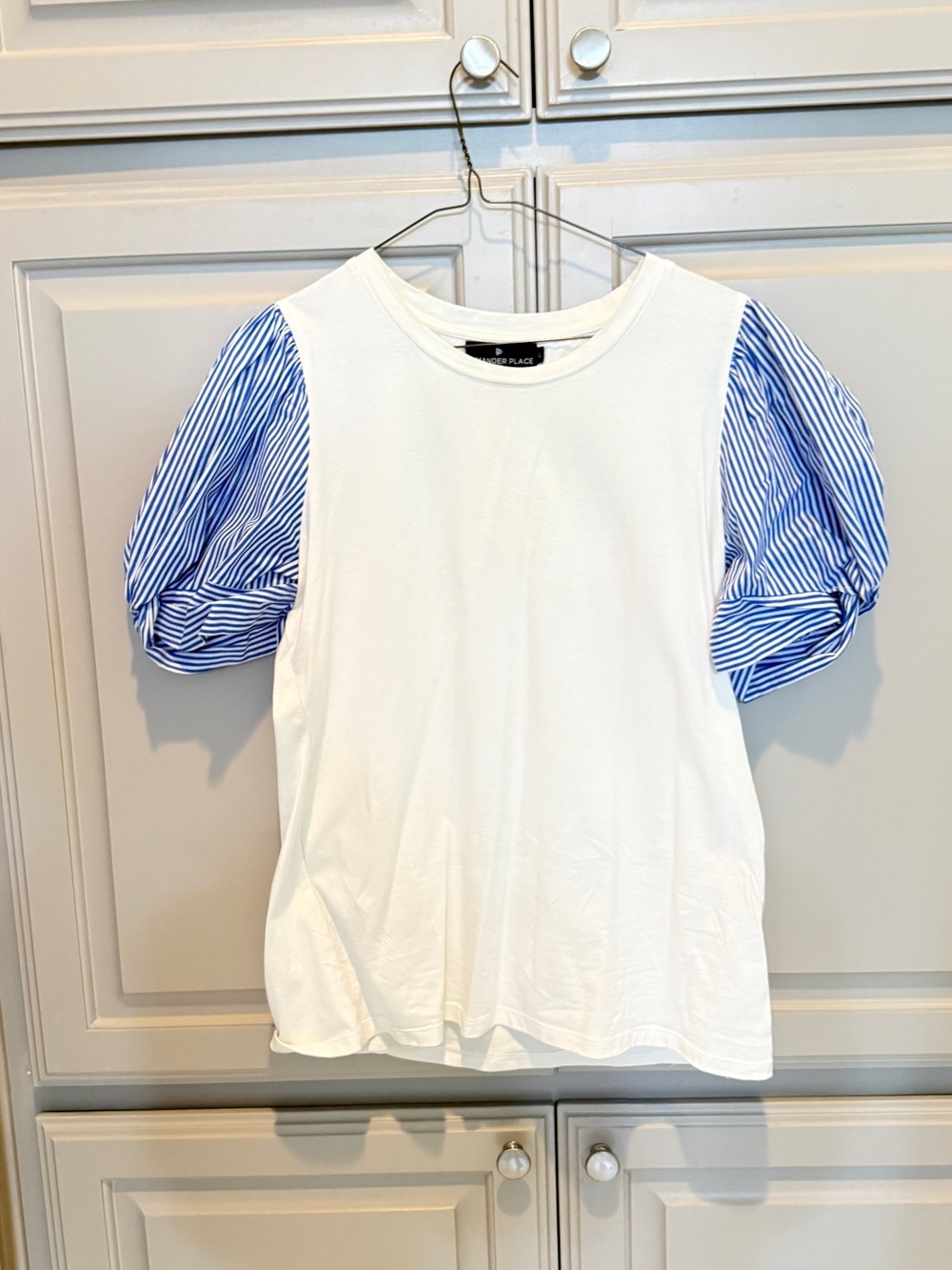 Pomander Place White Tee with Blue Striped Puff Sleeves